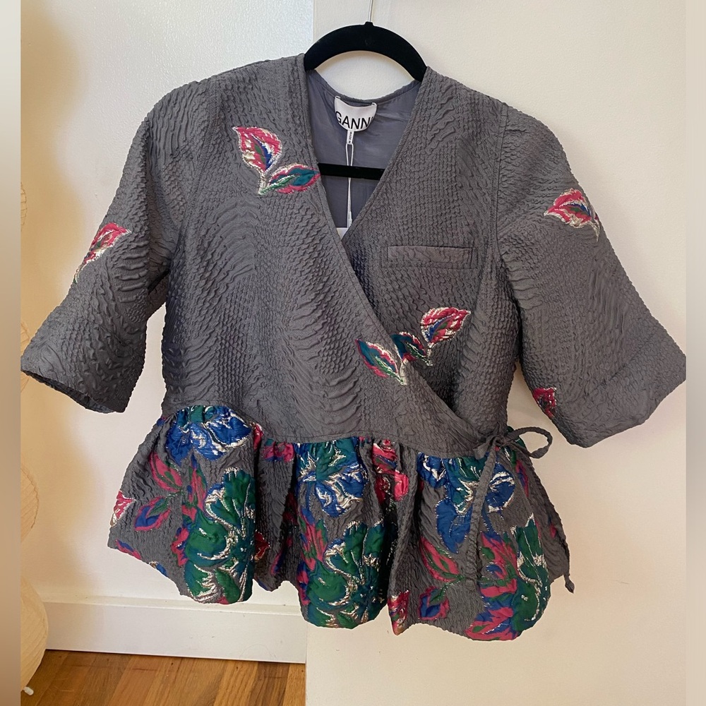 GANNI structured jacquard wrap blouse